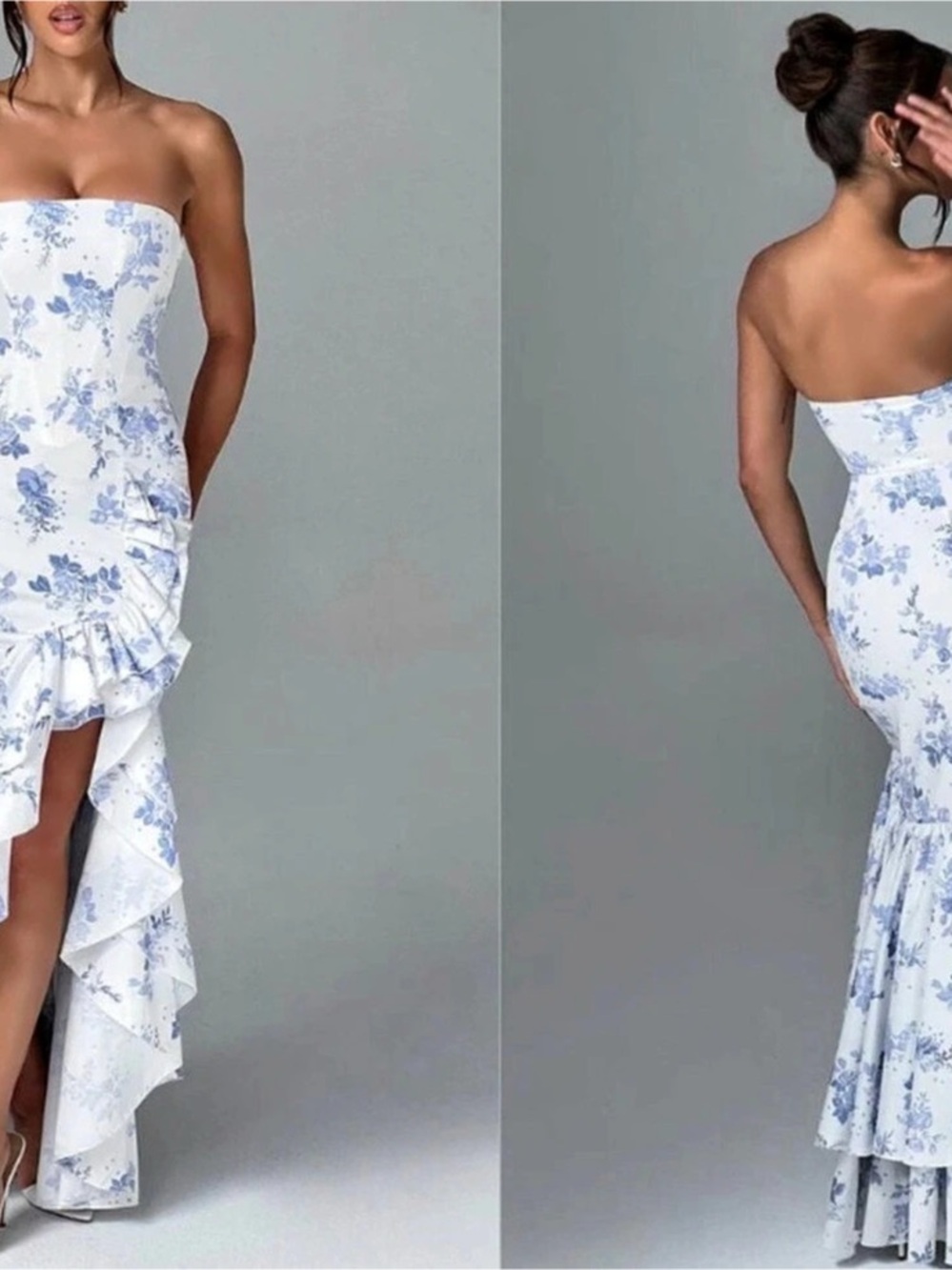 Babyboo Fashion Angelina Strapless Ruffle Maxi Dress Floral White & Blue XS